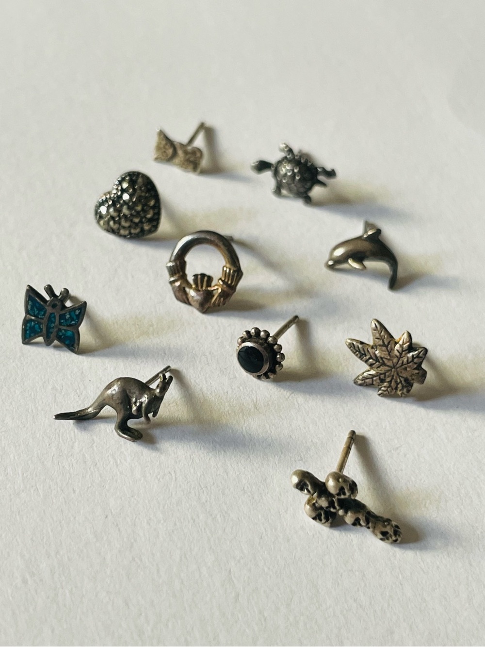 Lot of 10 vintage sterling stud earrings skull cross weed heart butterfly etc